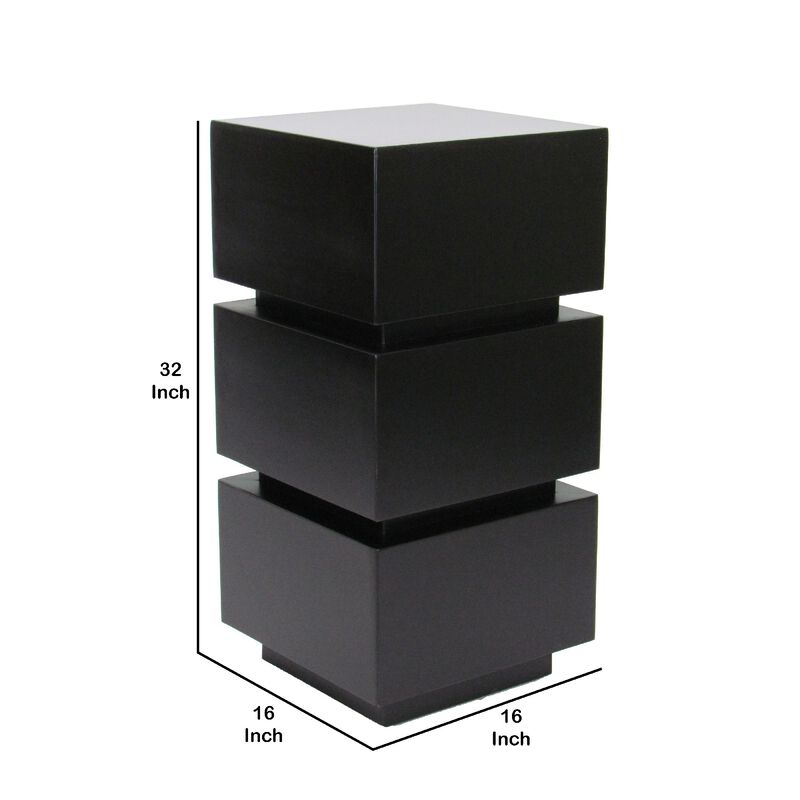 Wooden Pedestal Stand in Stacked Cube Design, Antique Black - Benzara
