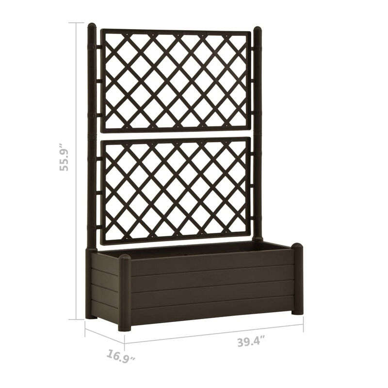 Garden Planter Flower Box with Trellis, Mocha Brown Plastic, Drainer - Benzara