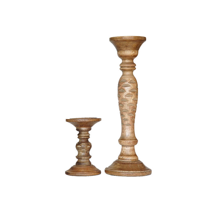 Traditional Wallnut Eco-friendly Handmade Mango Wood Set Of Two 6" & 15" Pillar Candle Holder