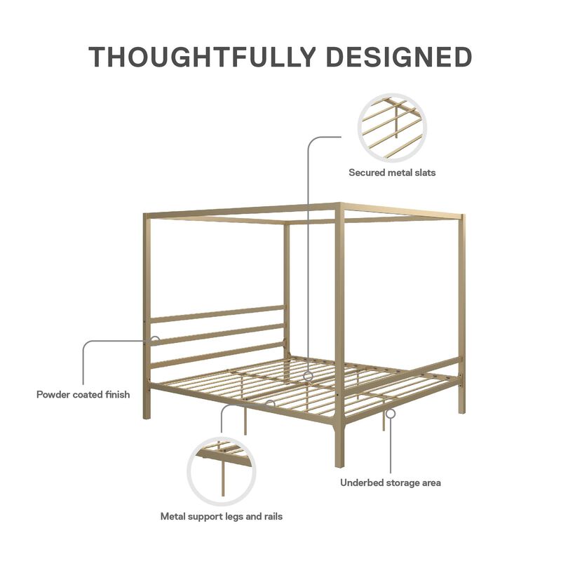 Modern Canopy Metal Bed, King, Gold