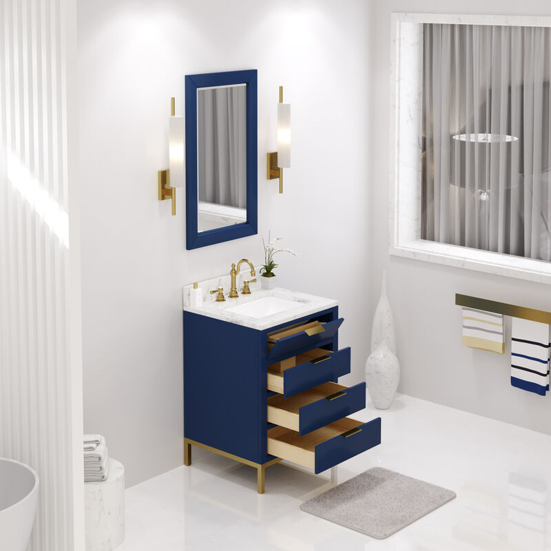 Bristol 24 In. Single Sink Carrara White Marble Countertop Bath Vanity in Monarch Blue
