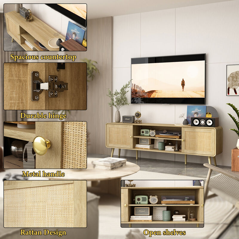 FUFU&GAGA Modern Rattan TV Stand with Storage Cabinets & Shelves, Gold Accents (70.9" W x 13.9" D x 23.2" H),Natural Wood Finish