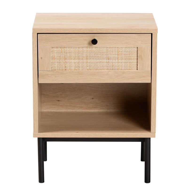Baxton Studio Sherwin  Light Brown and Black 1 Drawer End Table with Woven Rattan Accent