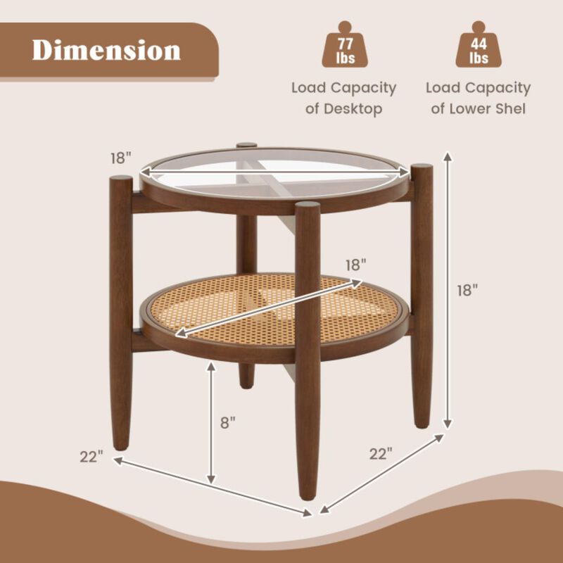 Hivvago Rattan Round Side End Table with Tempered Glass Tabletop