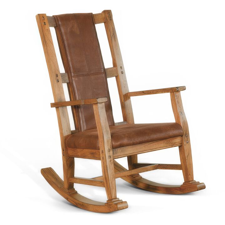 Marv Rocking Chair with Faux Leather Seat and Back, Rustic Oak Brown - Benzara