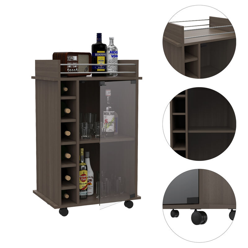 DEPOT E-SHOP Huali Bar Cart, Six Built-in Wine Rack, Glass Door, Four Casters, Two Shelves, Smokey Oak