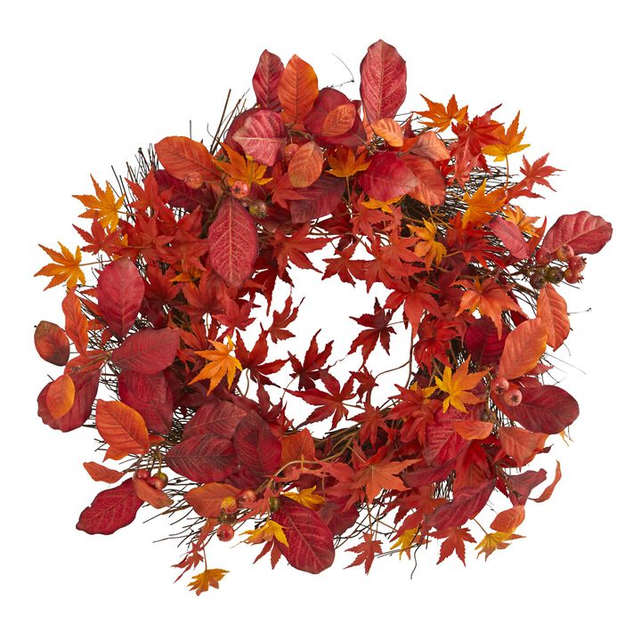 Hivvago 22" Japanese Maple, Magnolia Leaf and Berries Artificial Wreath