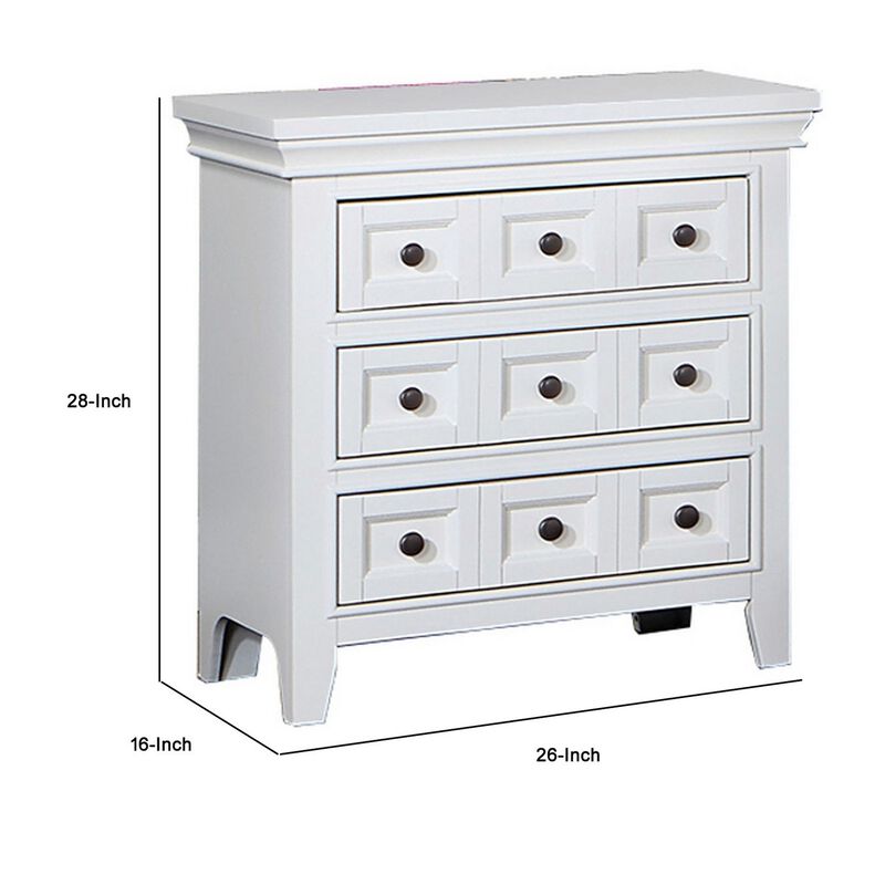 Cile 26 Inch Nightstand, 3 Panel Drawers, White Wood, Round Nickel Handles-Benzara