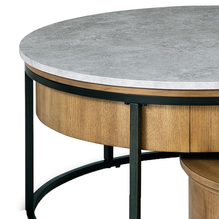 36 Inch 2 Piece Round Nesting Coffee Table, Lift Top Storage, Wheels, Brown-Benzara