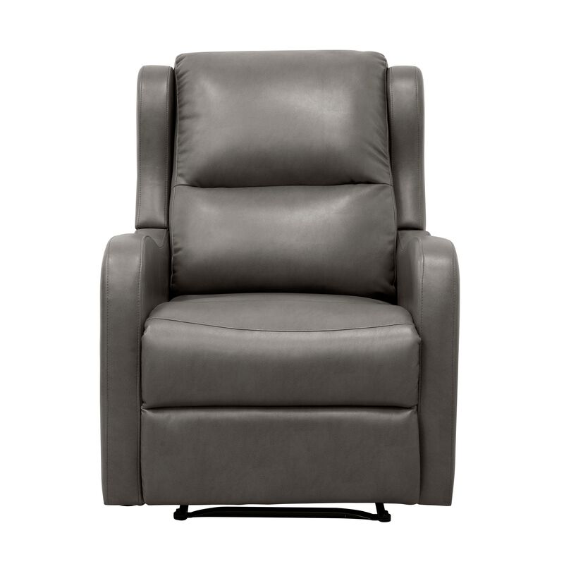 Kim 38 Inch Manual Recliner Chair, Cushioned Gray Faux Leather, Solid Wood - Benzara