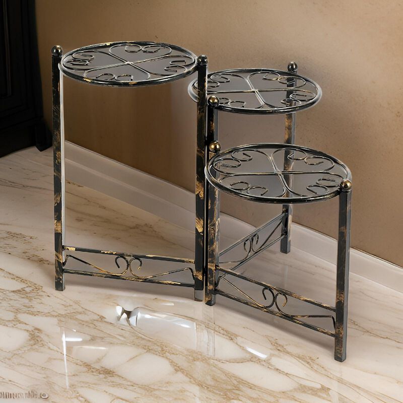 3 Tier Heart Clover Design Round Top Metal Plant Stand, Black-Benzara