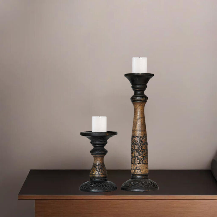 Traditional Black Wash Eco-friendly Handmade Mango Wood Set Of Two 6" & 15" Pillar Candle Holder