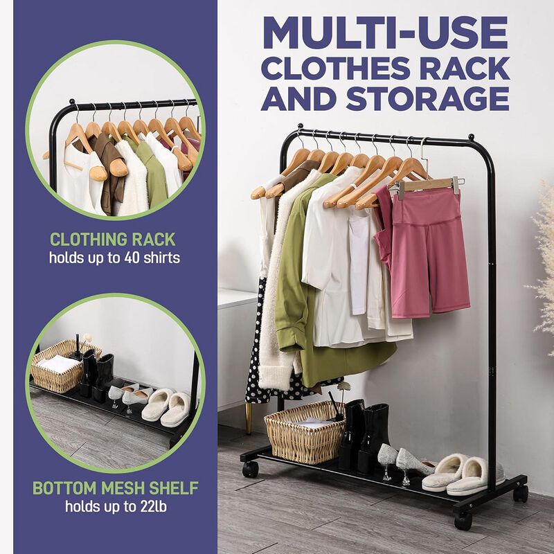 Lifemaster Metal Clothes Rack - Pack of 2 Versatile, Ample Storage Space, Simple Assembly, Hanging Garment and Clothes Rolling Rack with Wheels - Black