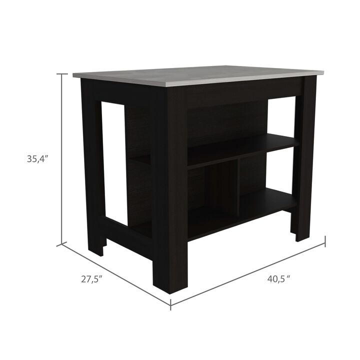 DEPOT E-SHOP Delos Kitchen Island, Four Legs, Three Shelves, Black / Ibiza Marble