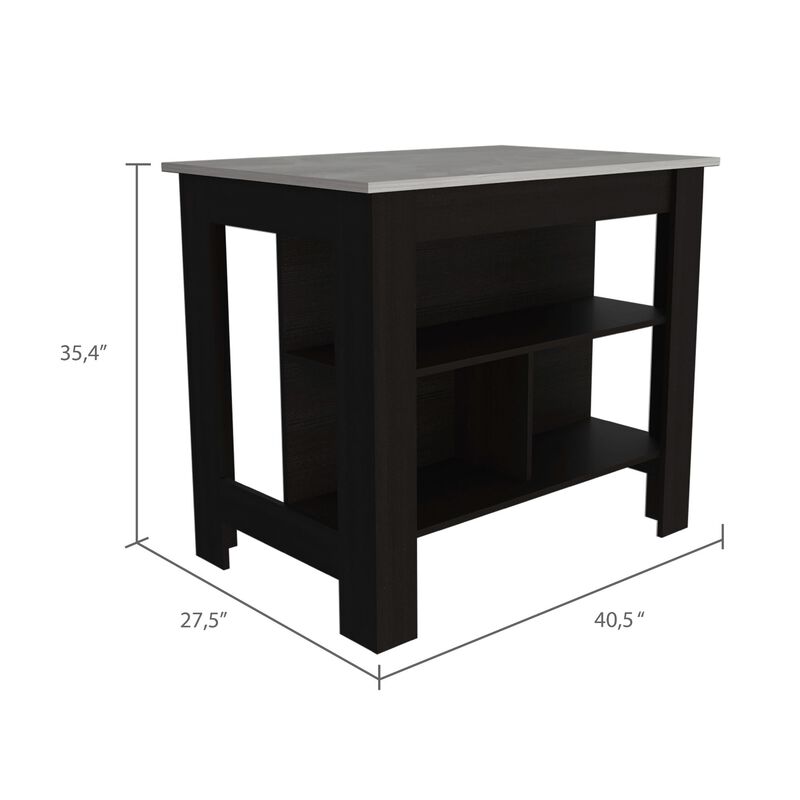 DEPOT E-SHOP Delos Kitchen Island, Four Legs, Three Shelves, Black / Ibiza Marble