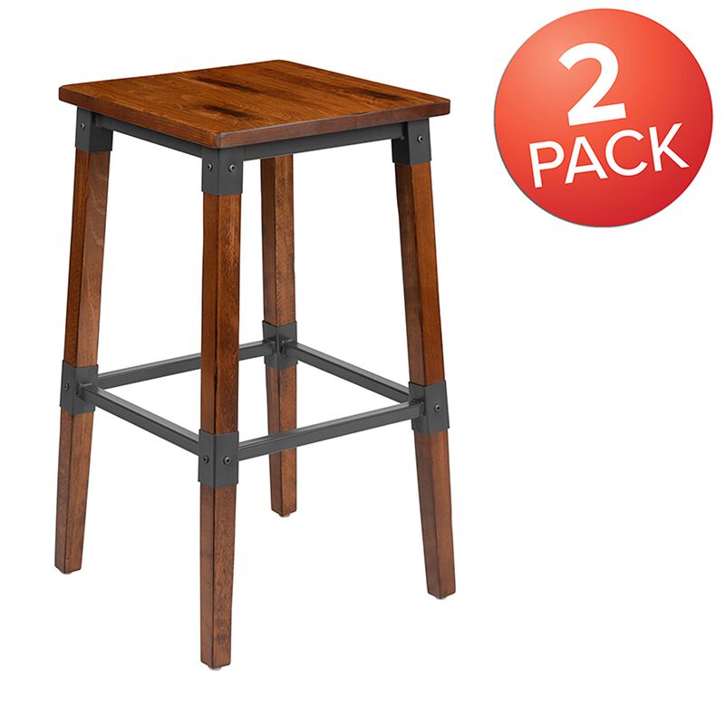 Flash Furniture Jackson 2 Pack Rustic Antique Walnut Industrial Wood Dining Backless Barstool