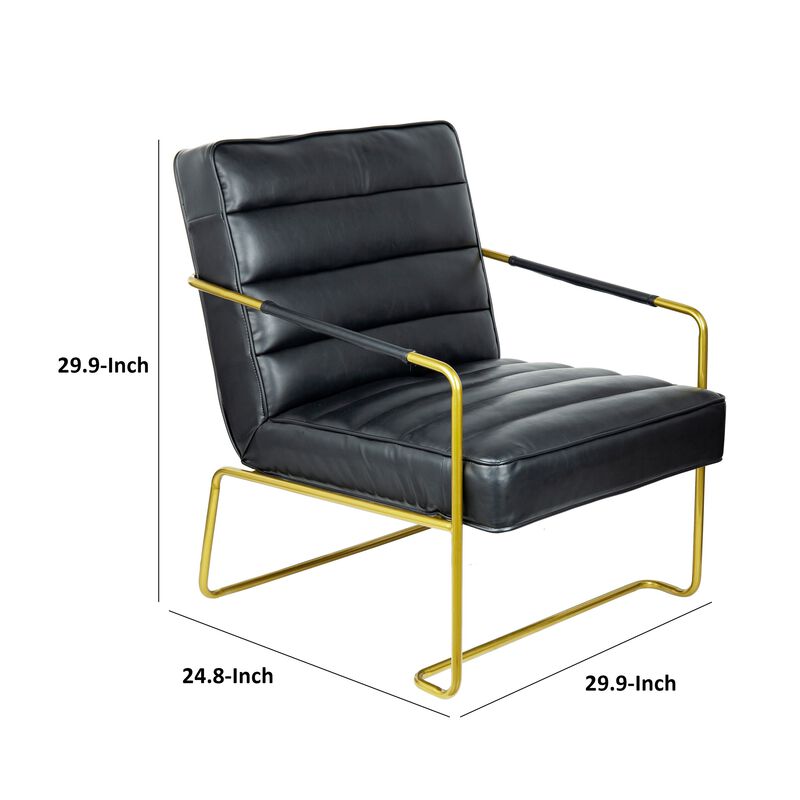 30 Inch Accent Chair, Gold Iron Frame, Channel Tufted Black Faux Leather - Benzara