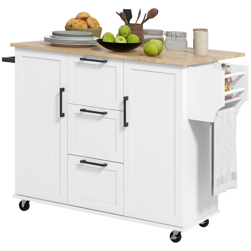 HOMCOM Kitchen Island on Wheels, Kitchen Cart with Drop Leaf, 3 Drawers