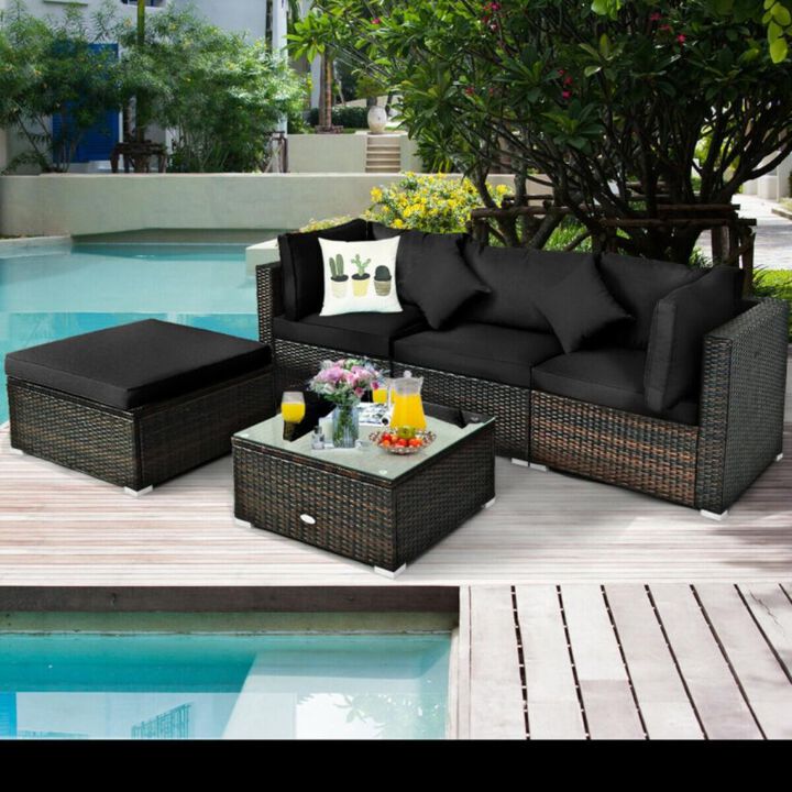 Hivvago 5 Pcs Outdoor Patio Rattan Furniture Set Sectional Conversation with Navy Cushions
