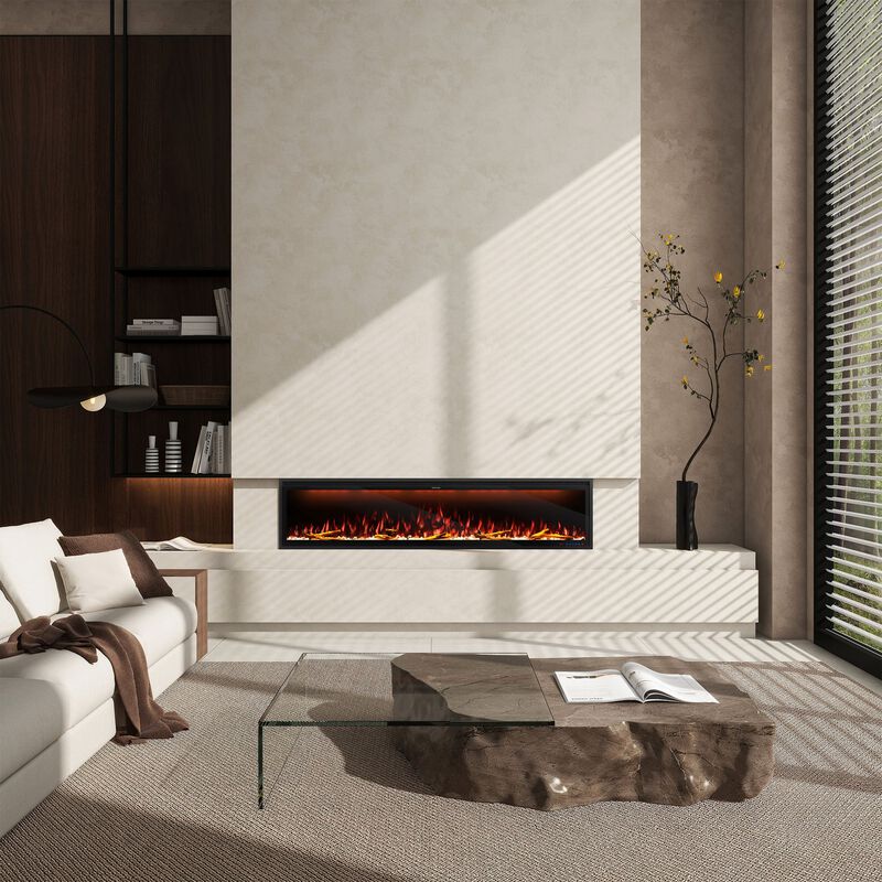 Smart 74” Wall-Mounted Electric Fireplace with Realistic Flame Effects, Dual Heating, and Alexa Compatibility