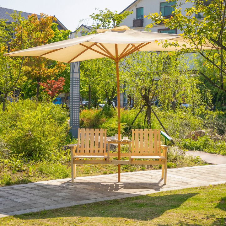 Natural Wood Outdoor Duo: Garden Loveseat with Umbrella Hole Table