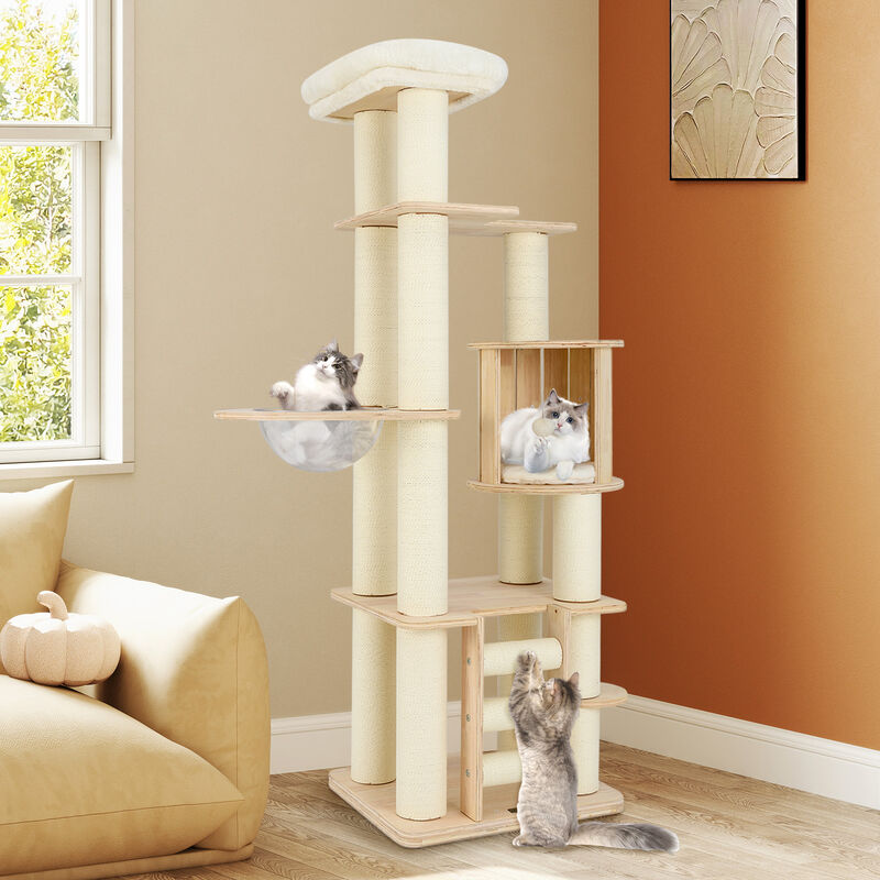 Tall Cat Tree Wooden Cat Tower with Cozy Perch Condo Space Capsule