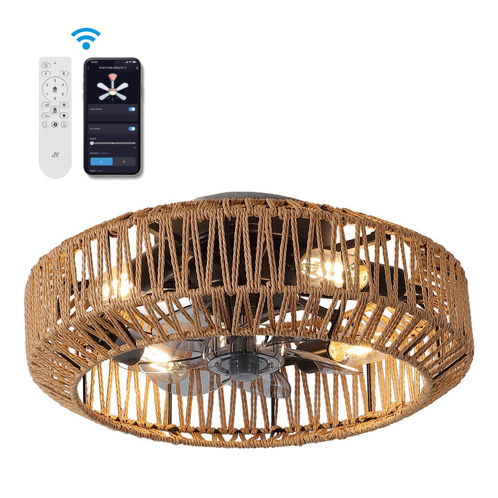 Rowan 4-Light Modern Bohemian 6-Speed Metal Rattan Mobile-App Remote-Controlled Lantern LED Ceiling Fan
