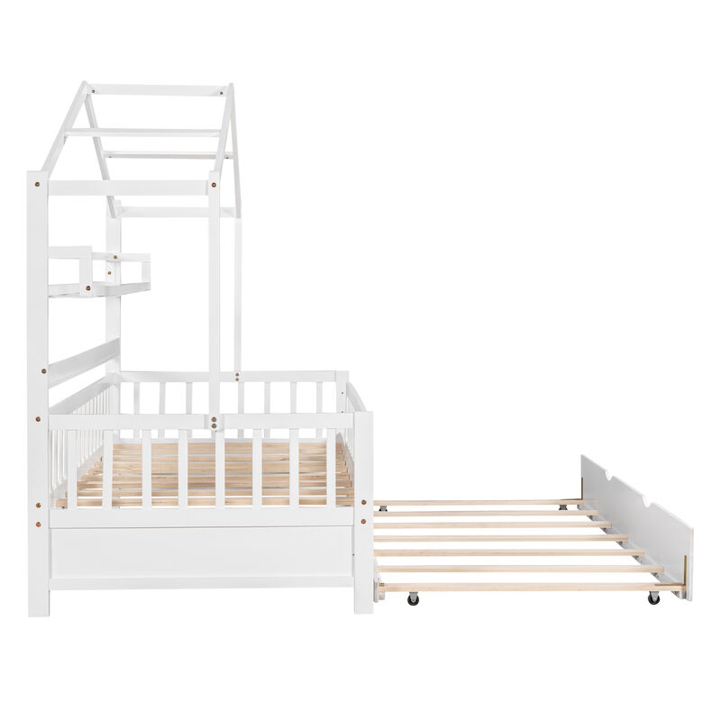 Merax Wooden House Bed with Twin Size Trundle