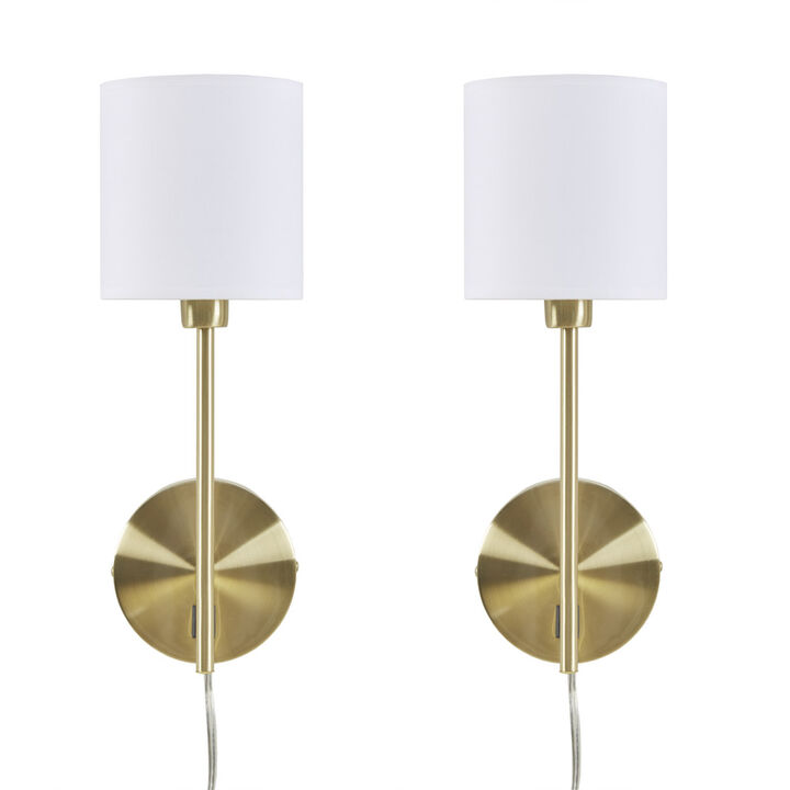 Gracie Mills Sangrey Set of 2 Brass Metal Wall Sconces with Cream Cylinder Shades