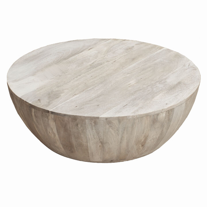 Arthur 35.5 Inch Round Mango Wood Coffee Table, Subtle Grains, Distressed White - Benzara