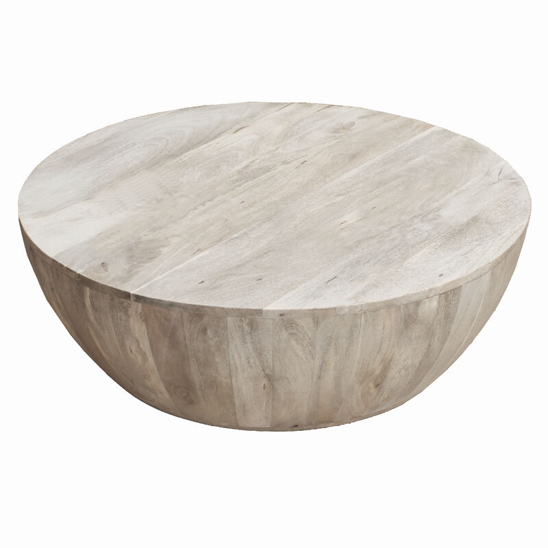 Arthur 35.5 Inch Round Mango Wood Coffee Table, Subtle Grains, Distressed White - Benzara
