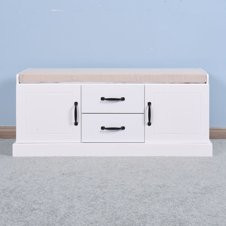 Wooden Entryway Shoe Cabinet With 2 Drawers And 2 Doors Living Room Storage Bench With White Cushion