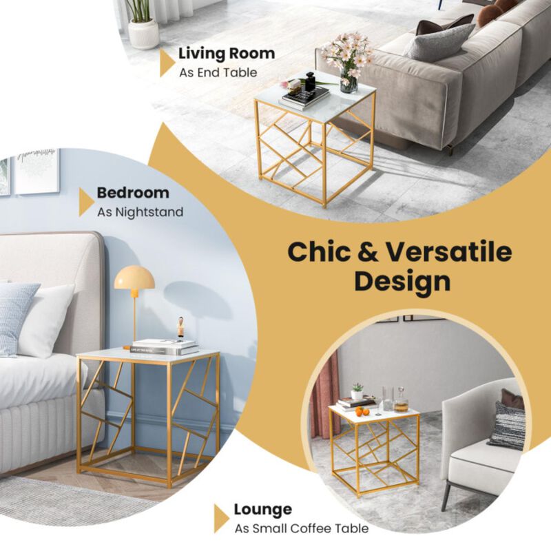Hivvago Square End Table with Tempered Glass Tabletop and Gold Finish Geometric Frame-Golden