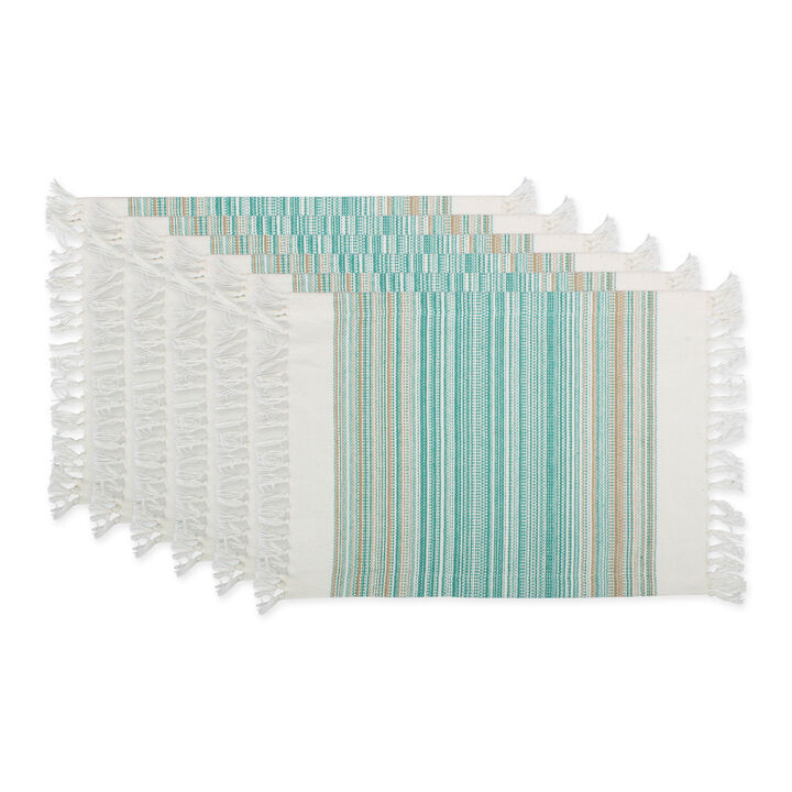 Set of 6 Blue And Brown Striped Fringed Rectangular Placemat 19"