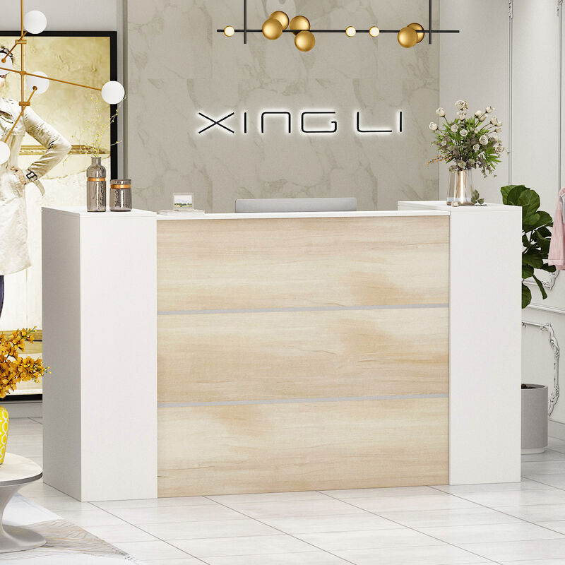 FUFU&GAGA Reception Desk with Dual Cabinets and Open Workspace, (70.9" W x 23.6" D x 43.3" H),White and Brown