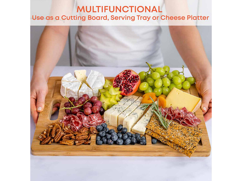 Extra Large Bamboo Cutting Board - 17x 12.5 inch Wood Cutting Board for Meat, Cheese, Veggies - Wood Serving Tray with Juice Groove and 3 Compartments