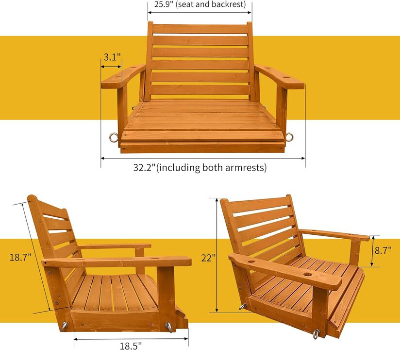 Solid Wood Porch Single Swing, Ergonomic Seat, Bench Swing with Hanging Chains and 7mm Springs, Heavy Duty 600 LBS, for Outdoor Patio Garden Yard ( 1-Seater)