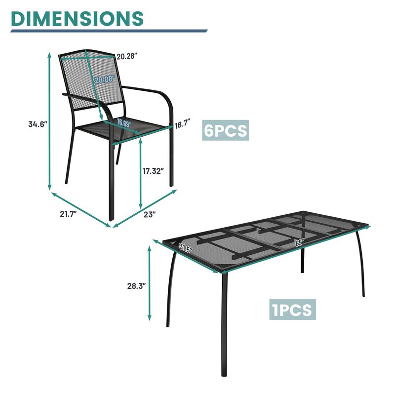 MONDAWE 7-Piece Steel Mesh Table And Chair Set With 6 Pcs Steel Mesh Dining Chairs