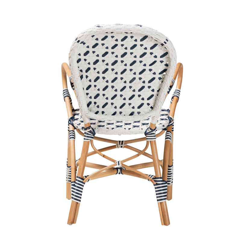 Bali & Pari Bryson Modern French Blue and White Weaving and Natural Rattan Bistro Chair