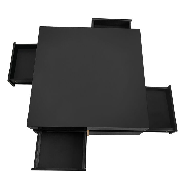 High Gloss Coffee Table with 4 Drawers, Multi Storage, Wood Grain Legs