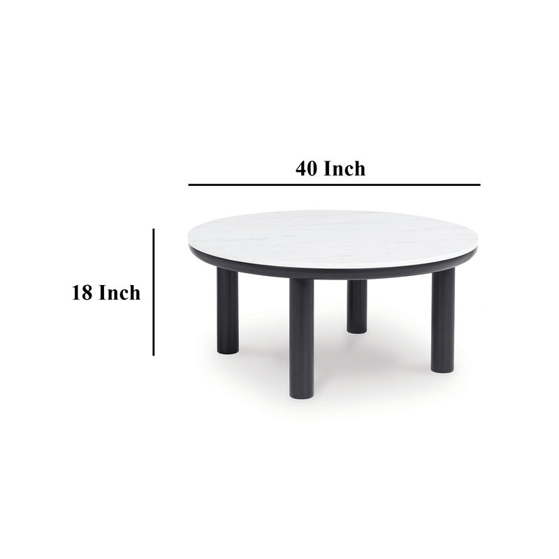 Dae 3pc Coffee and End Table Set, Round White Faux Marble, Black - Benzara