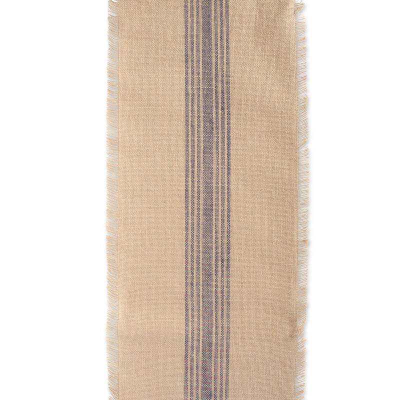 14" x 108" Brown and French Blue Middle Stripe Border Burlap Table Runner