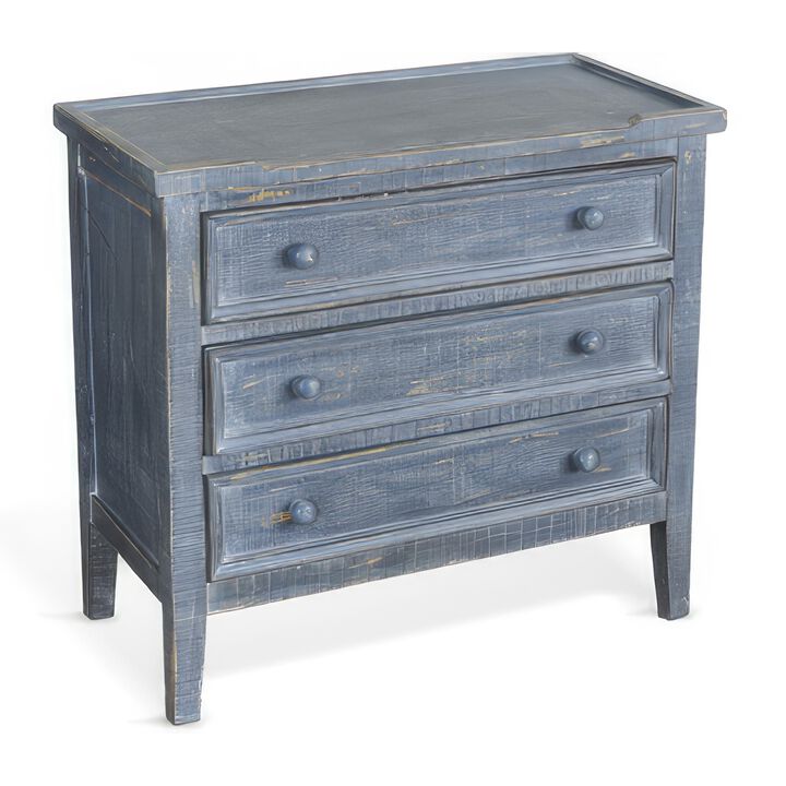 Rena Side End Table with 3 Drawers, 28 Inch Rustic Blue Mahogany Wood - Benzara