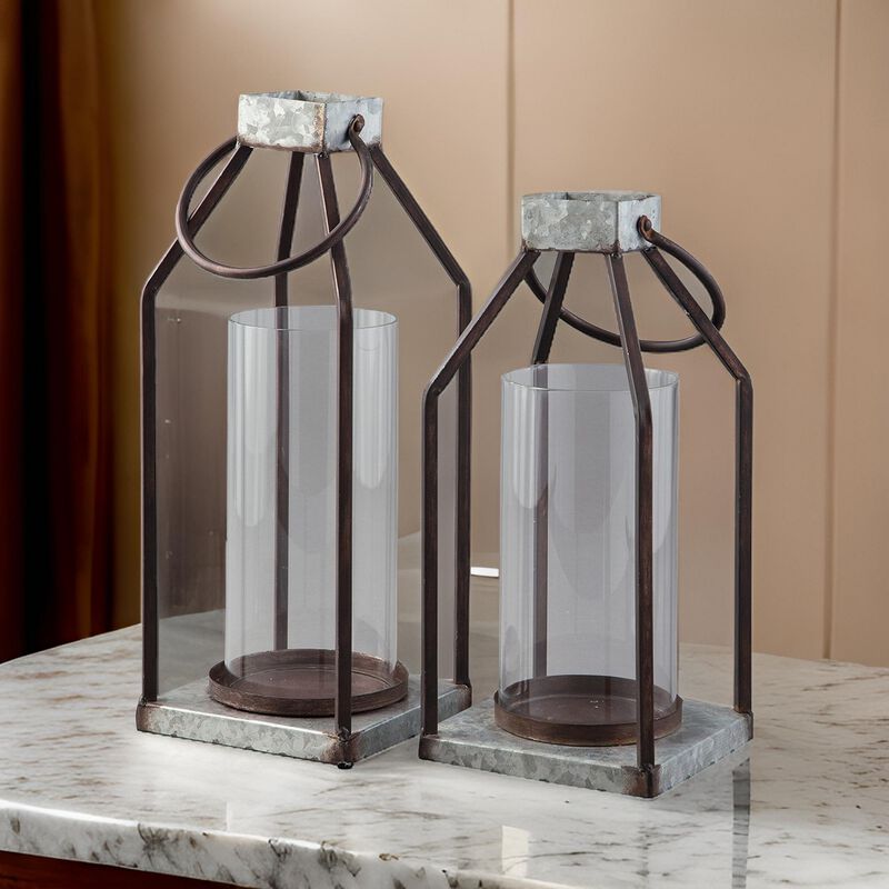 Geometric Lantern with Glass Hurricane, Set of 2, Black and Gray-Benzara