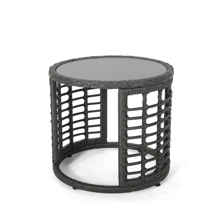 Outdoor Round Side End Table with Woven Accents, 18 Inch, Gray Rattan -Benzara