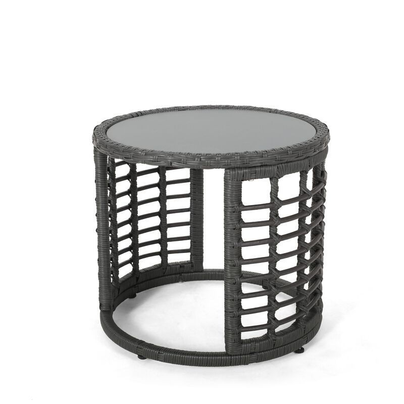 Outdoor Round Side End Table with Woven Accents, 18 Inch, Gray Rattan -Benzara
