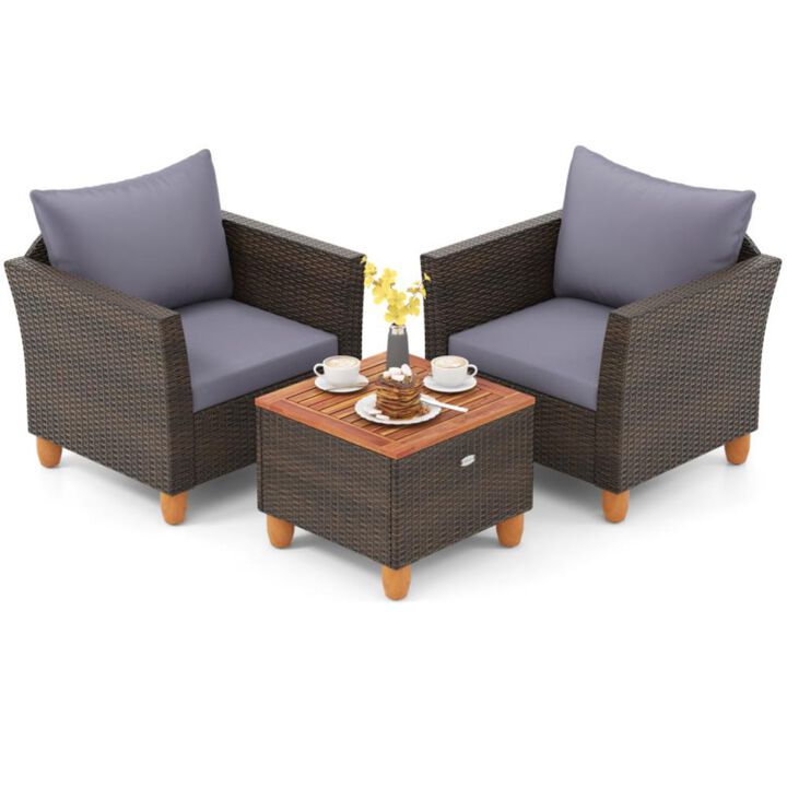 Hivvago 3 Pieces Patio Rattan Bistro Furniture Set with Wooden Table Top Hivvago 3 Pieces Patio Rattan Bistro Furniture Set with Wooden Table Top