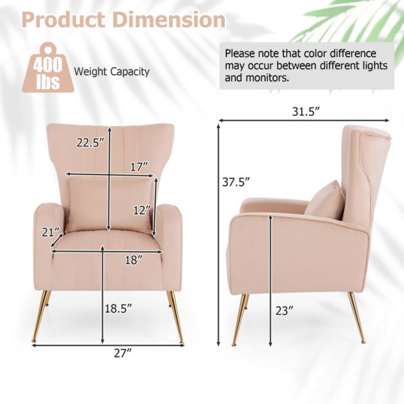 Hivvago Velvet Upholstered Wingback Chair with Lumbar Pillow and Golden Metal Legs