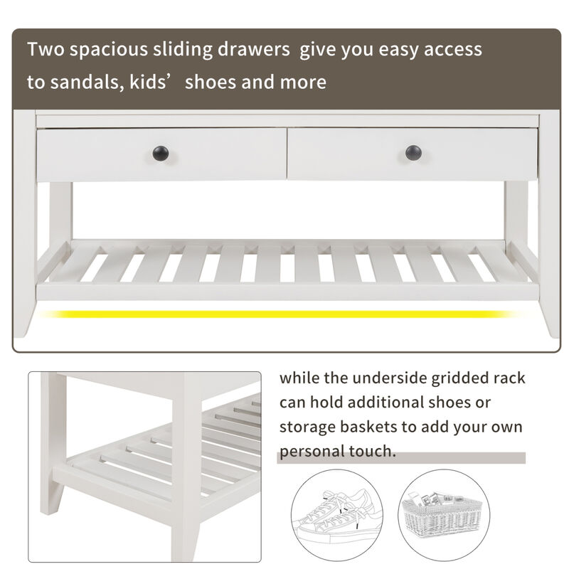 Shoe Rack With Cushioned Seat And Drawers, Multipurpose Entryway Storage Bench (White)