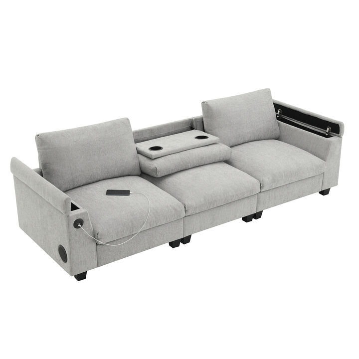 96*35''Chenille Sectional Sofa with Bluetooth Speaker,Comfy Cloud Couch Set with Drop Down Table,Cup Holders,USB Charger,Storage Armrest,Wide Seat Sofa for Living Room,Apartment,Office 96*35''Chenille Sectional Sofa with Bluetooth Speaker,Comfy Cloud Couch Set with Drop Down Table,Cup Holders,USB Charger,Storage Armrest,Wide Seat Sofa for Living Room,Apartment,Office